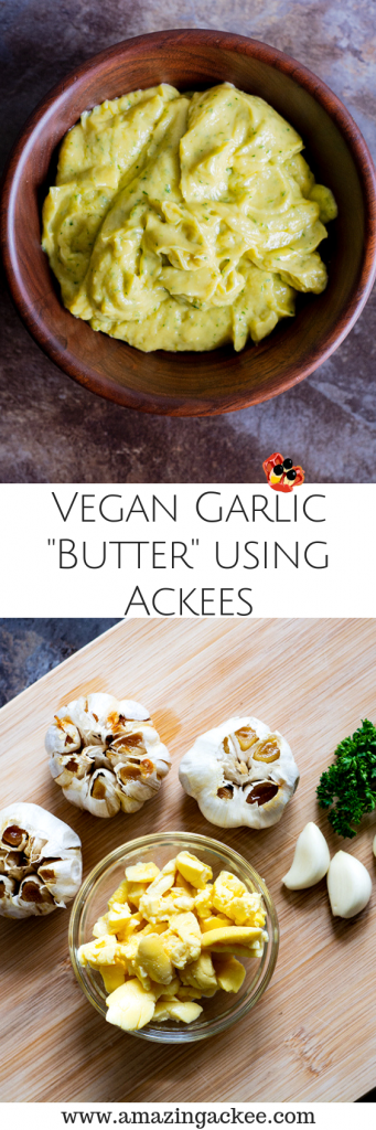 Three ingredient vegan garlic butter made from ackees, garlic and parsley